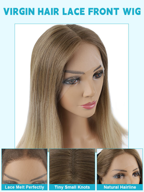 Lace Front Wig Light Brown with Blonde Balayage Color #714B 18"