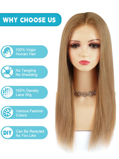 Lace Front Wig Human Hair Rooted Highlights #R8B-P16/22